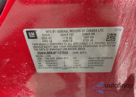 2015 Chevrolet Equinox 1Lt z USA, uszkodzony, nr VIN 2GNALBEK4F1127694